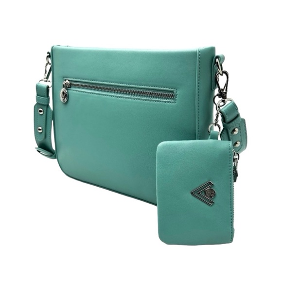 Valentino Orlandi Teal Vegan Leather Embossed Logo Crossbody Bag with Coin Purse - Picture 3 of 16